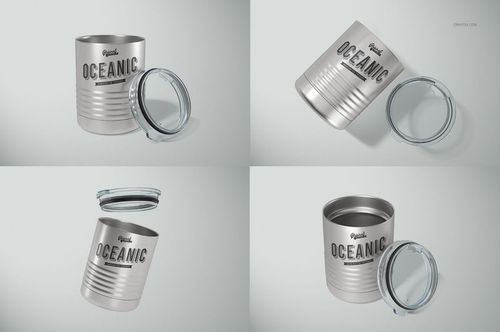 Stainless steel camp coffee mug with clear lid shown in four views, featuring a bold black text design on the front.