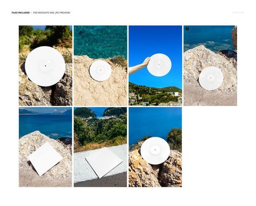 Colored vinyl record mockup displayed on rocky coast, with clear blue water and natural stone surroundings in sunlight.