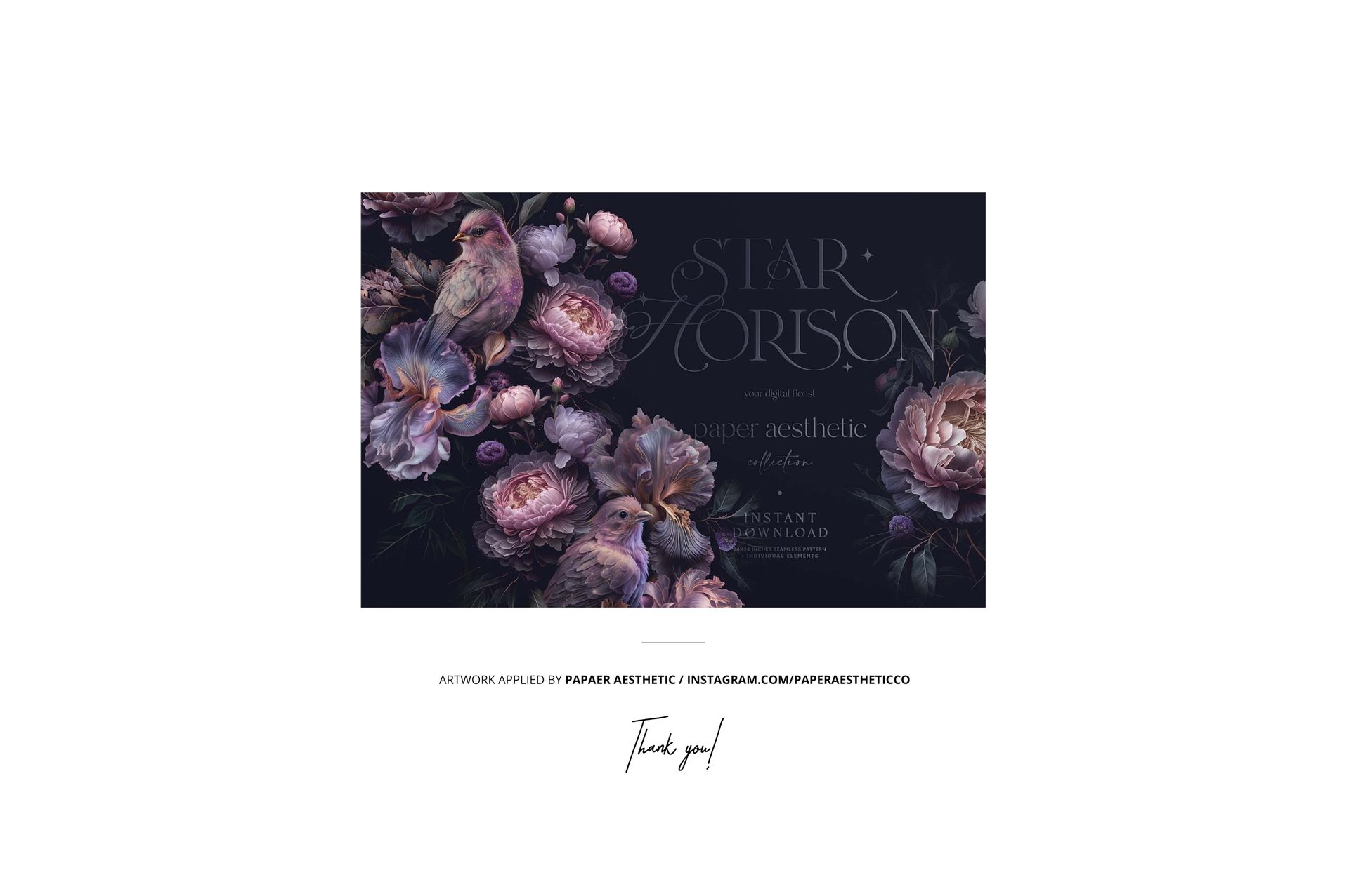 Front view of a floating square silk scarf mockup with a floral and bird pattern on a dark background.