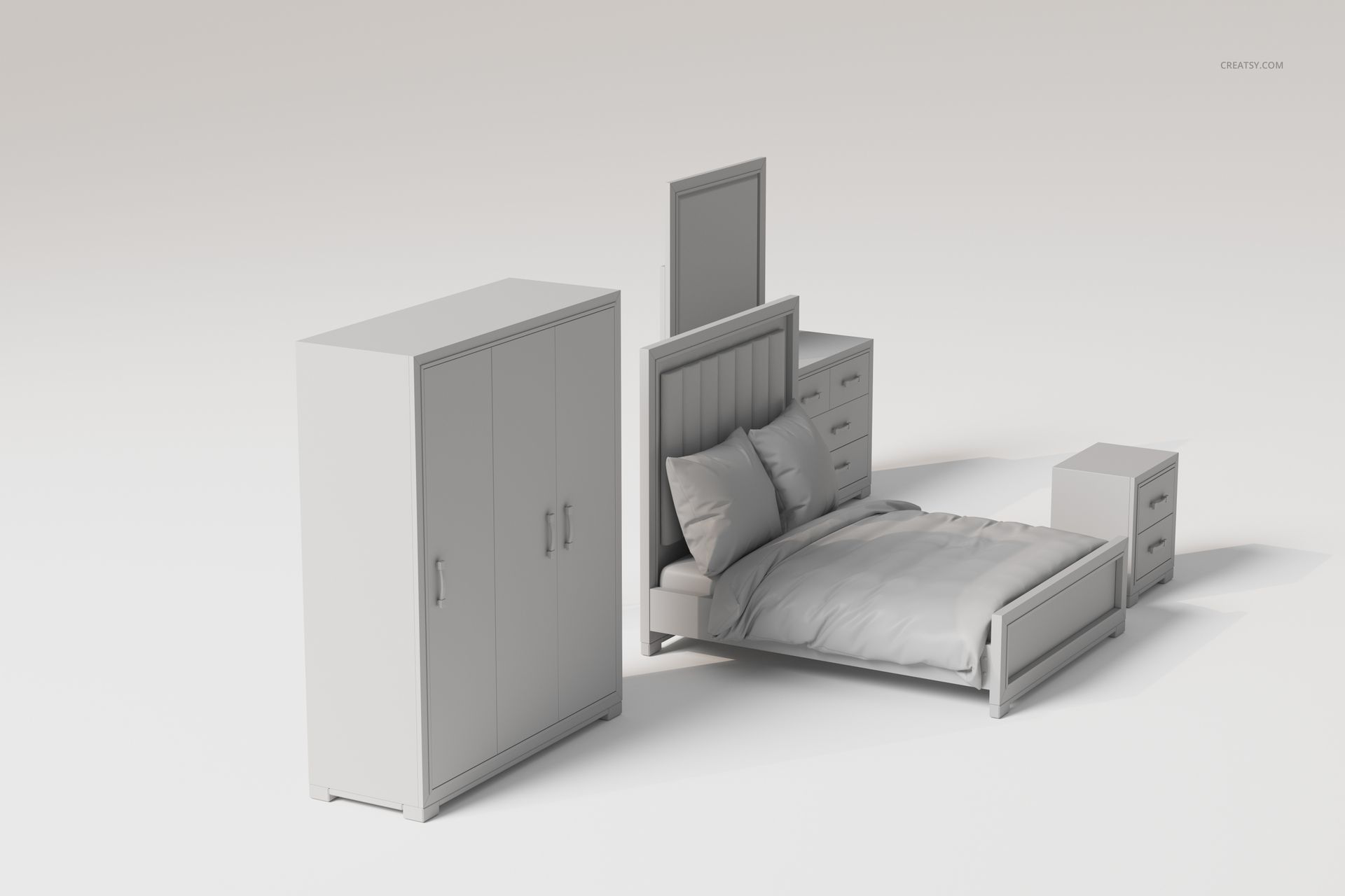 Bedroom furniture set including a wardrobe, bed with pillows and blanket, dresser, and nightstand in a 3D render.