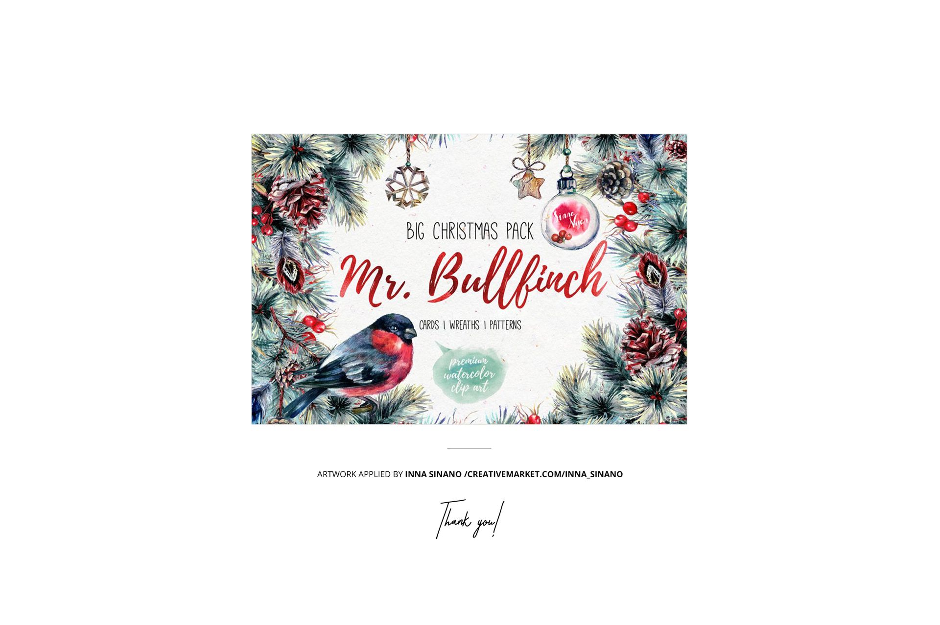 Folded fabric mockup featuring a Christmas-themed design with pine branches, ornaments, and a bullfinch bird.