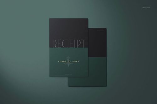 Two rectangular receipt holders in dark green and black, arranged flat on a green background, PSD mockup style.