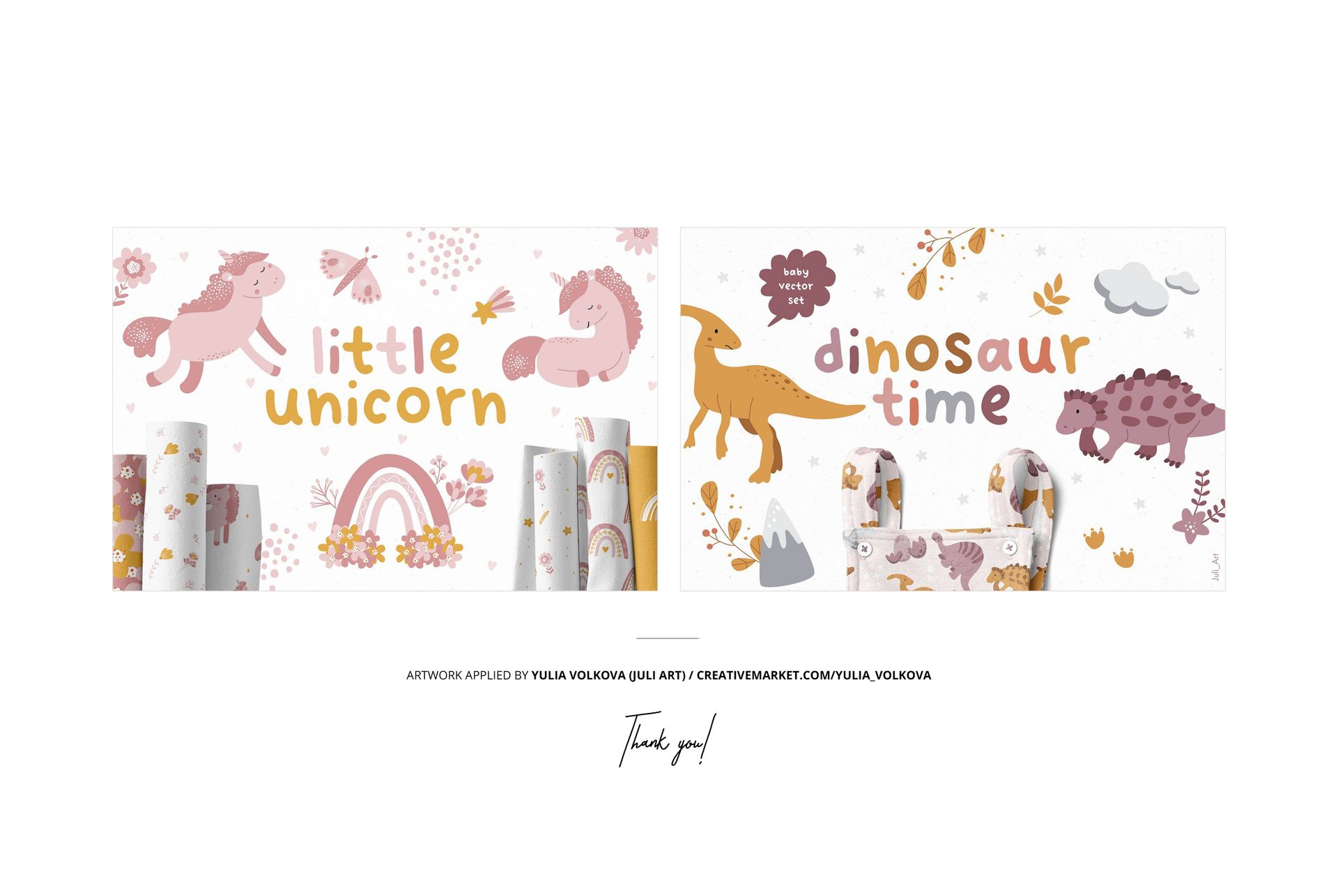 Front view of a baby room mockup with pastel unicorn and dinosaur themed wall art, rainbow, and rolled posters.