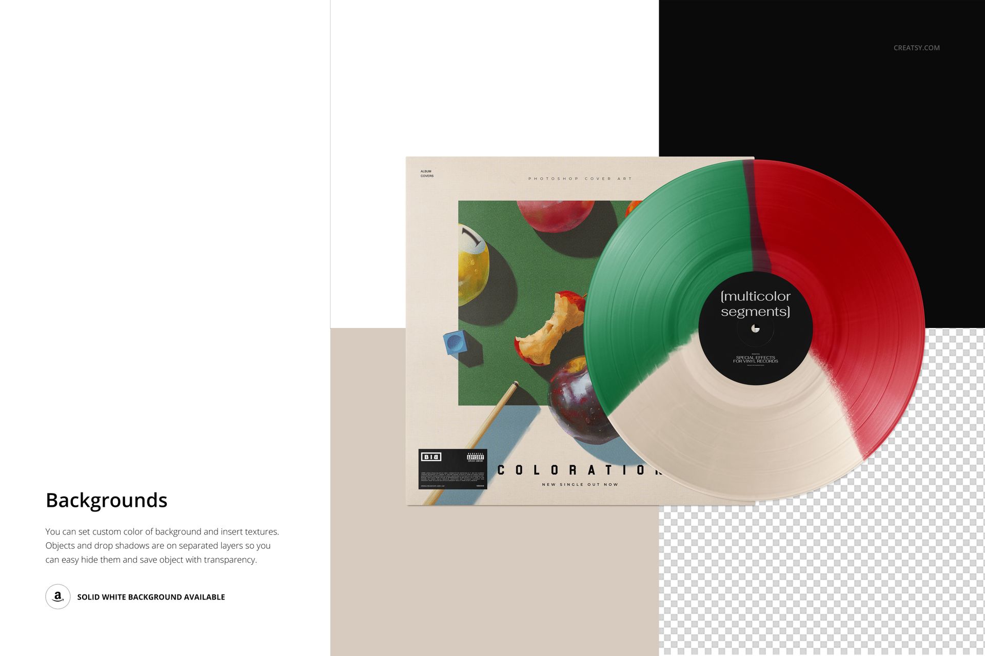 PSD mockup of a vinyl record with red, green, and cream sections on a cover with a vibrant fruit pattern, frontal view.
