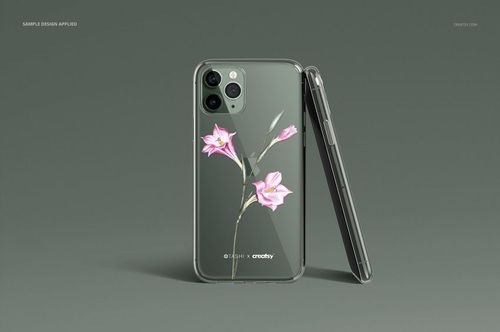 iPhone 11 Pro clear case mockup featuring a transparent cover with pink flowers, shown from two angles.