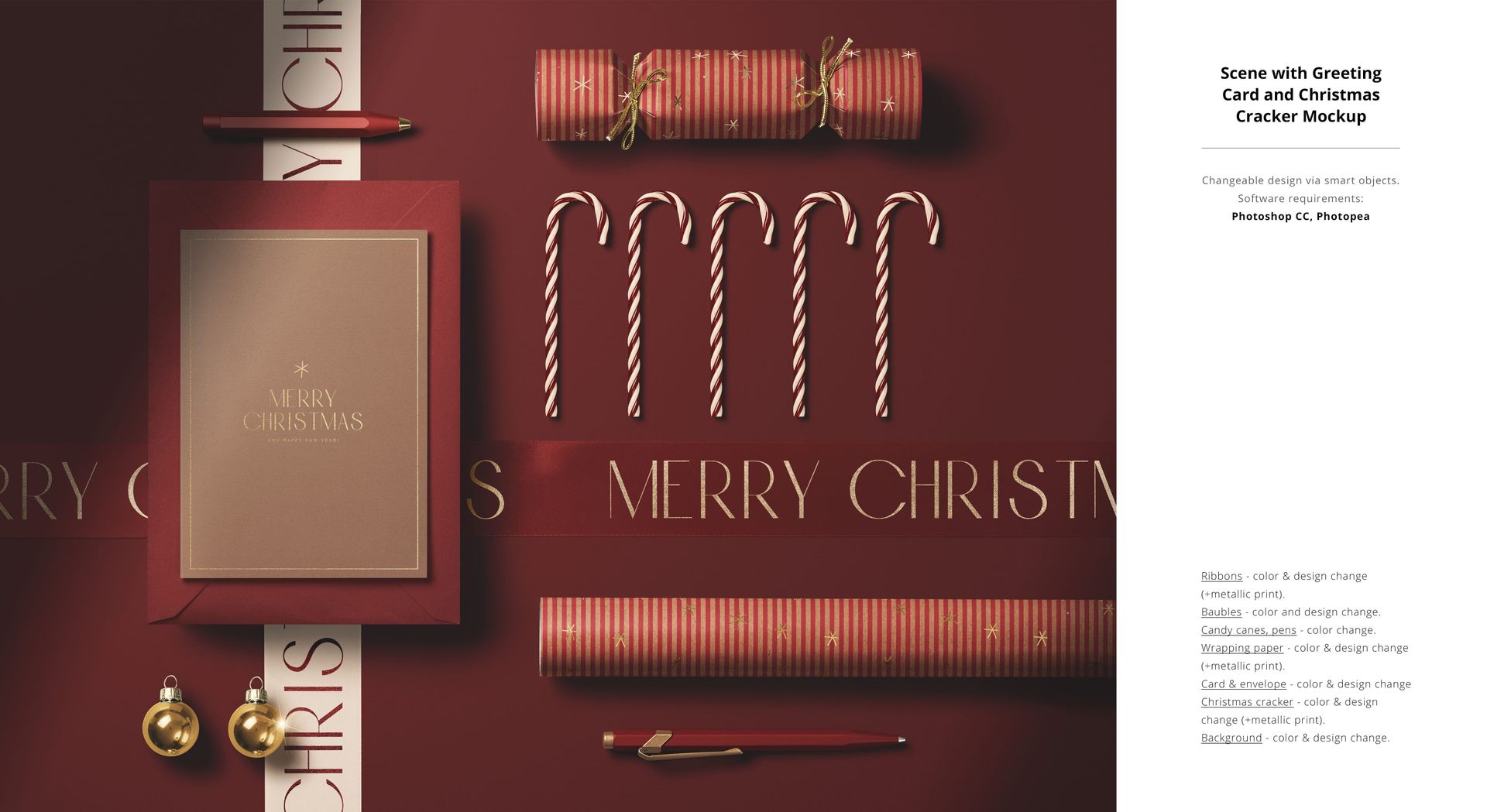 PSD mockup featuring Christmas card, candy canes, crackers, and gold ornaments laid out on a red backdrop.
