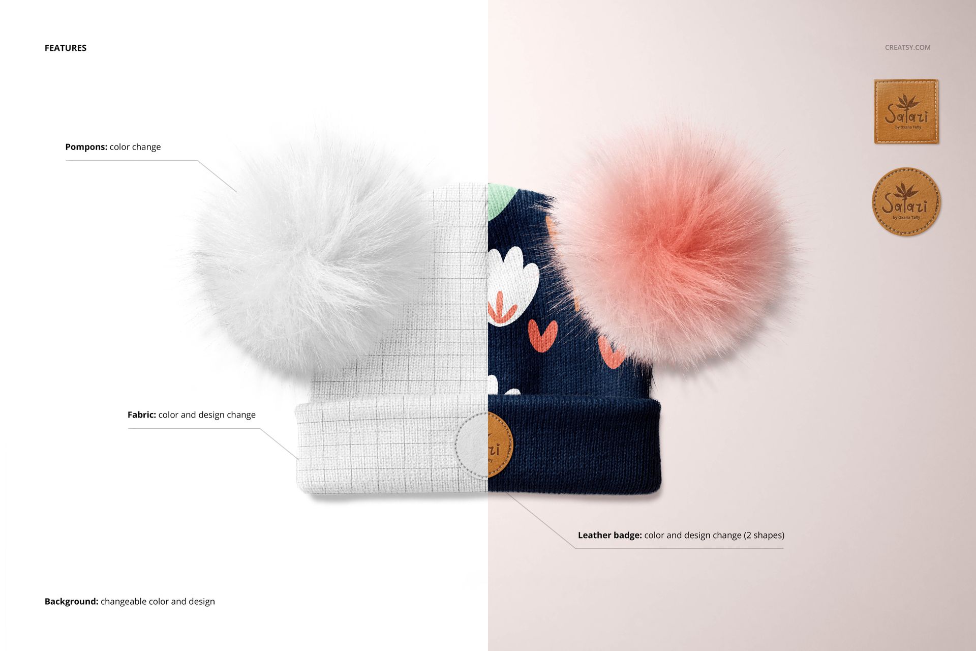 Front view of a beanie with two large fur pompons, split design showing plain white and colorful floral patterns, PSD mockup style.