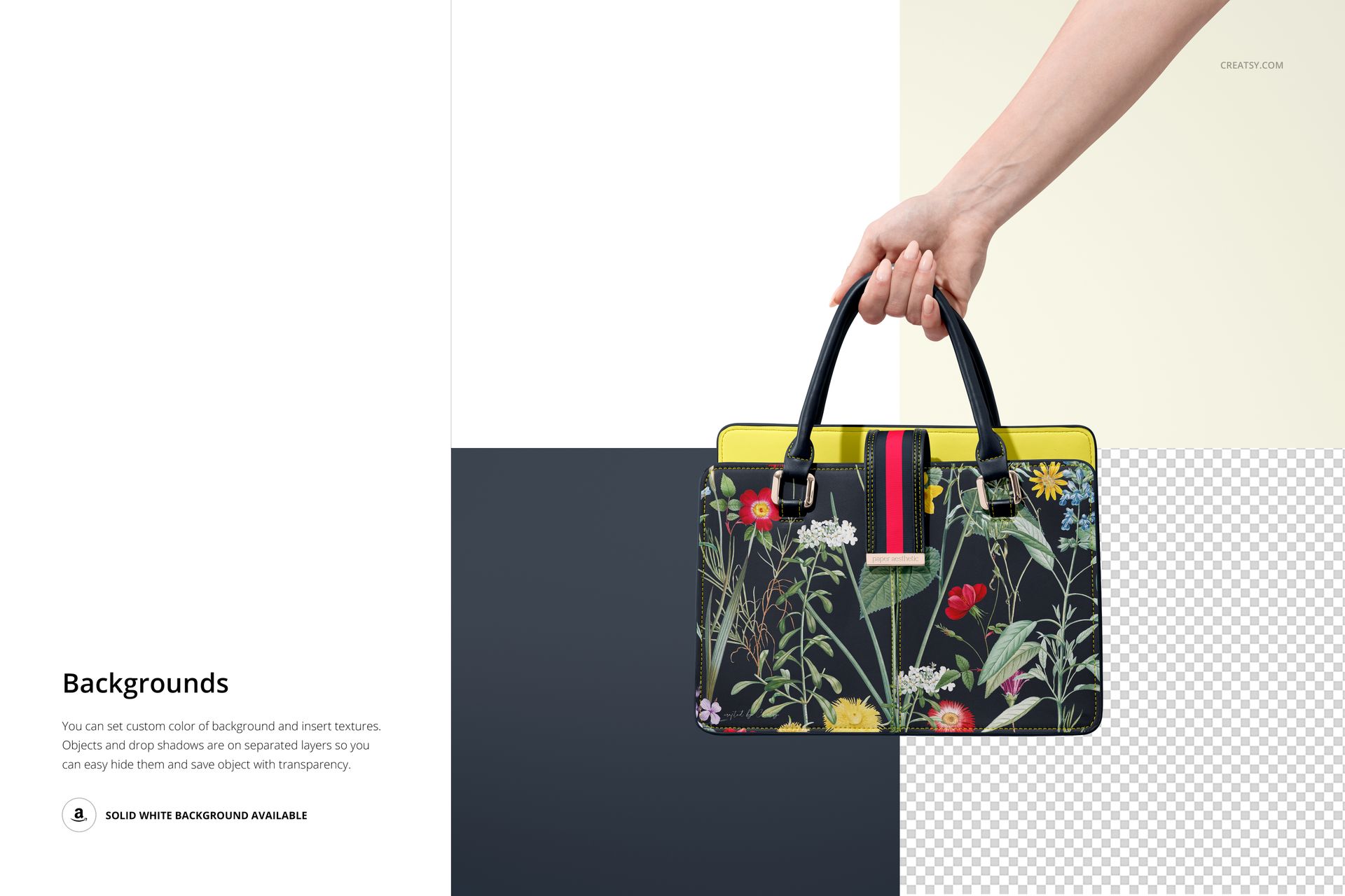 Leather handbag mockup with black handles and vibrant botanical print, displayed in hand with split white and transparent background.
