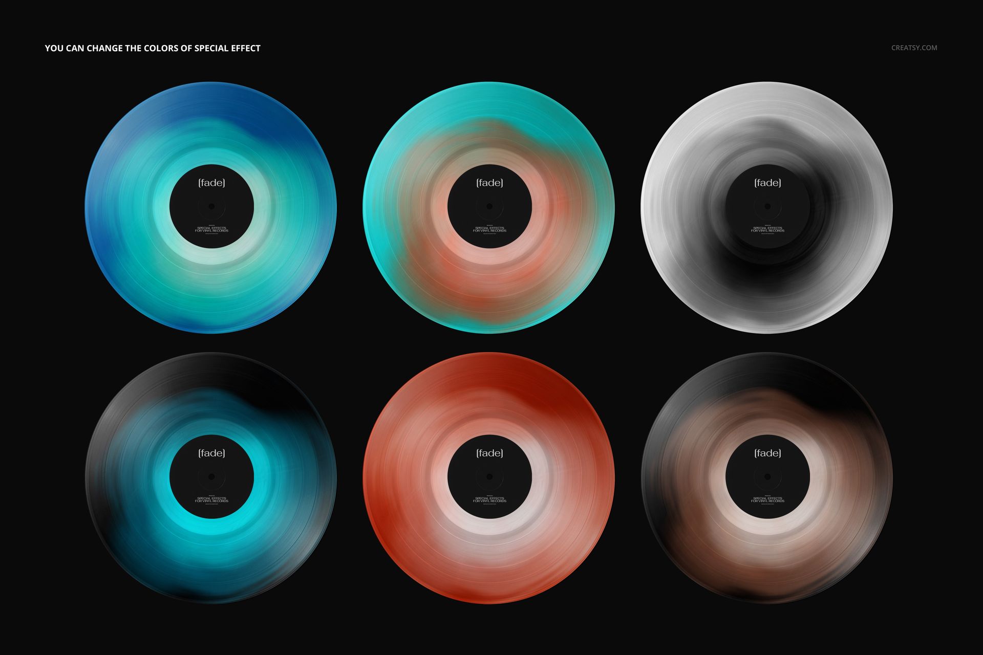PSD mockup showing six vinyl records with swirling color effects arranged in a grid against a dark backdrop.