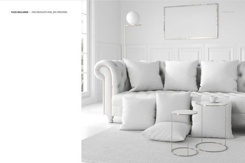 White interior pillow PSD mockup featuring a classic sofa, several white pillows, and minimalist decor in a bright room.