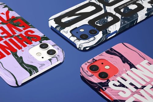 PSD mockup of iPhone 12 snap cases in various colors and patterns, arranged diagonally with visible camera cutouts.