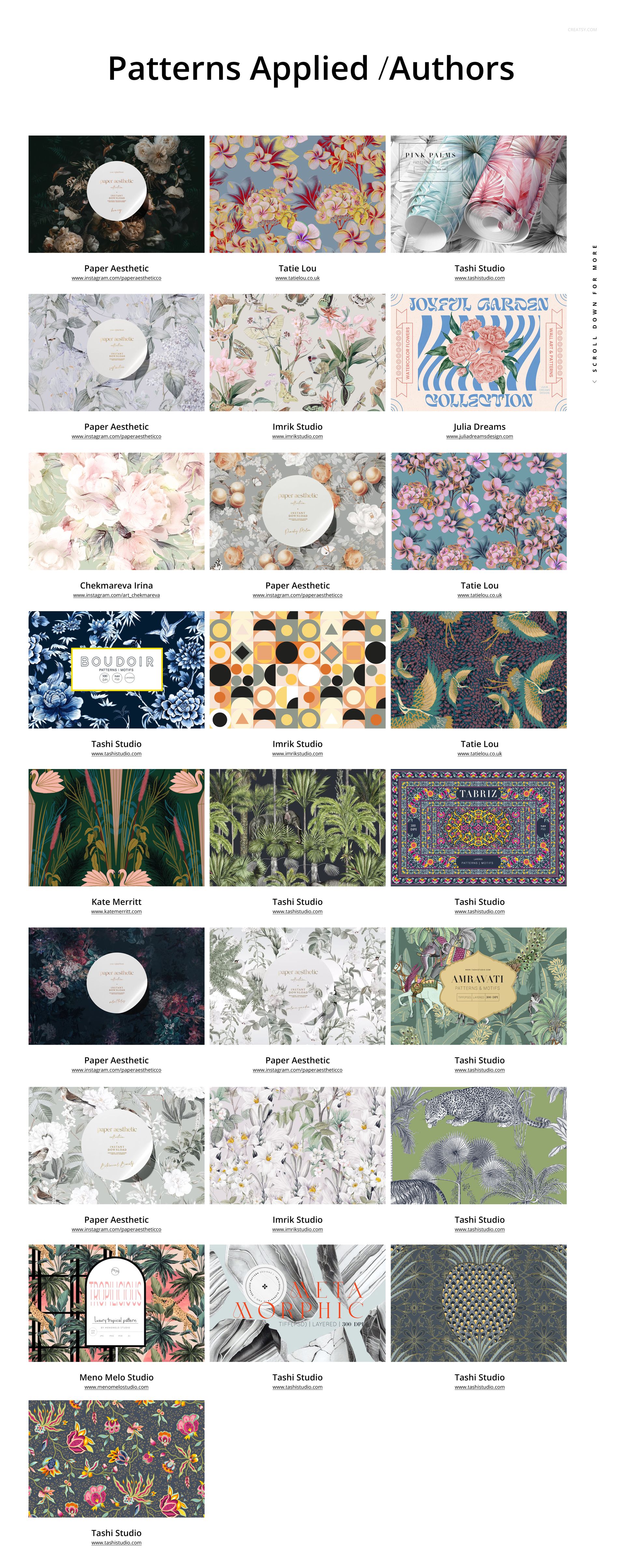 Assorted upholstery and wallpaper mockups displaying various floral, geometric, and abstract patterns in a grid layout.