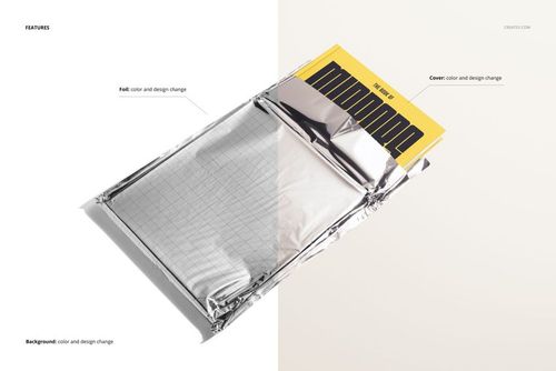 Hardcover book mockup featuring a yellow cover partially removed from a silver foil sleeve on a split background.