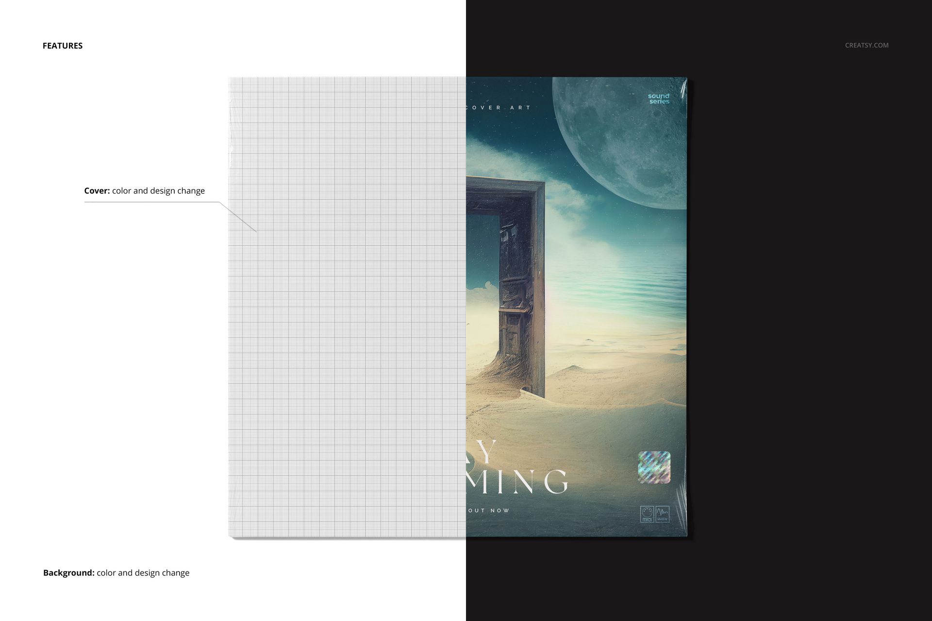 Top view of a vinyl record cover mockup with half showing a grid pattern and half displaying a surreal desert scene.
