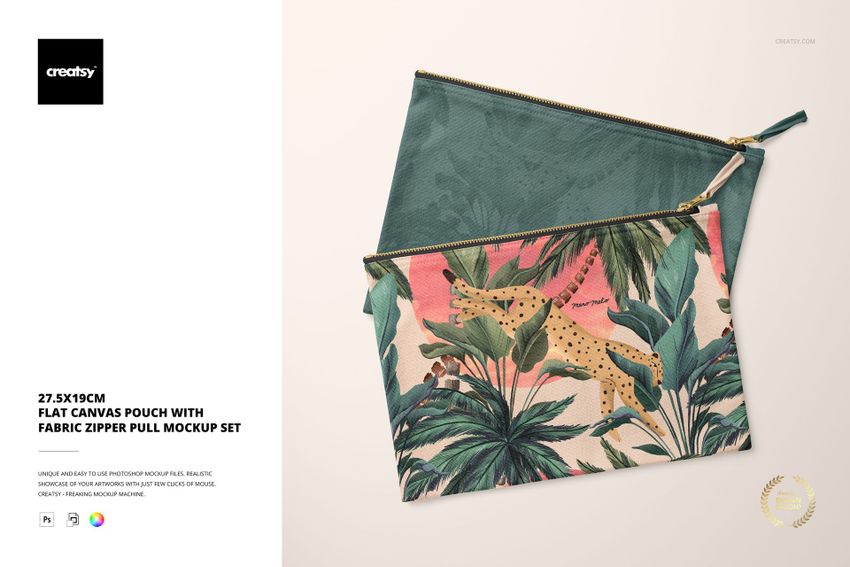 PSD mockup of a flat canvas pouch, top view, with a vibrant botanical and animal print beside a solid green pouch.