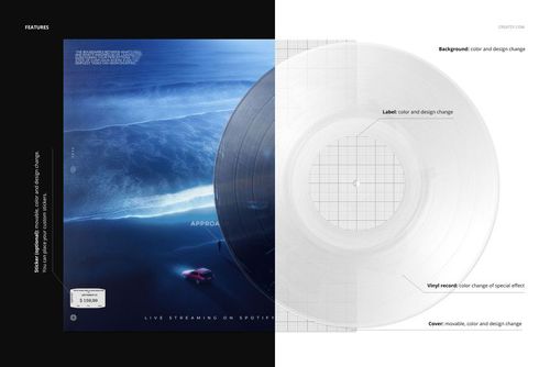 Front view of a marbled effect vinyl record and cover mockup, featuring a blue-toned ocean scene and transparent disc.