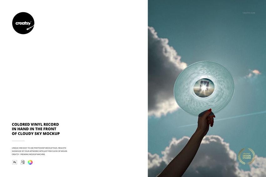 Colored vinyl record mockup held up to the sky, with clouds and sunlight visible through the transparent disc.