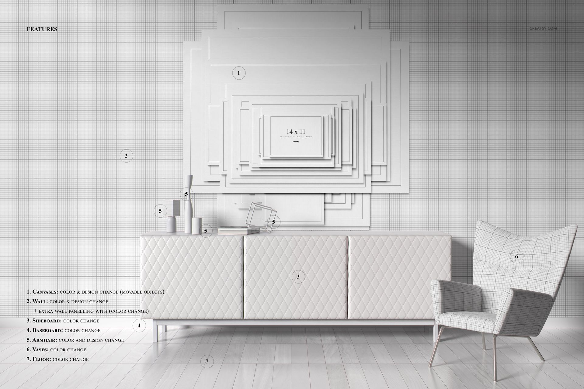 Elegant sideboard and armchair set against a light grid-patterned wall displaying various empty canvas print mockups.