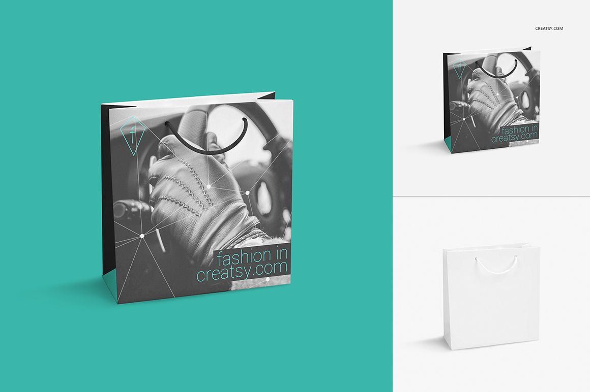 Set of paper bags shown from the front, featuring a fashion-themed design and a blank white option, mockup presentation.