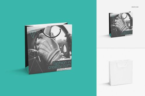 Set of paper bags shown from the front, featuring a fashion-themed design and a blank white option, mockup presentation.