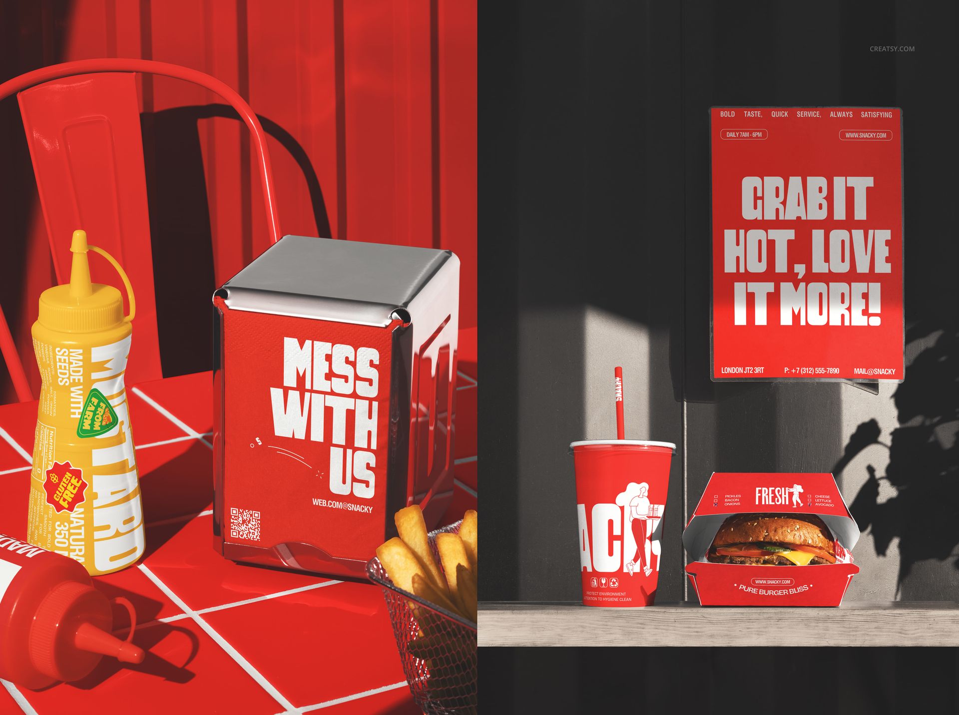 Fast food restaurant branding mockup featuring burger boxes, drink cups, and condiments in a red-themed setting.