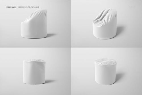 Adult bean bag mockup set featuring four white bean bags in different shapes and perspectives on a light background.