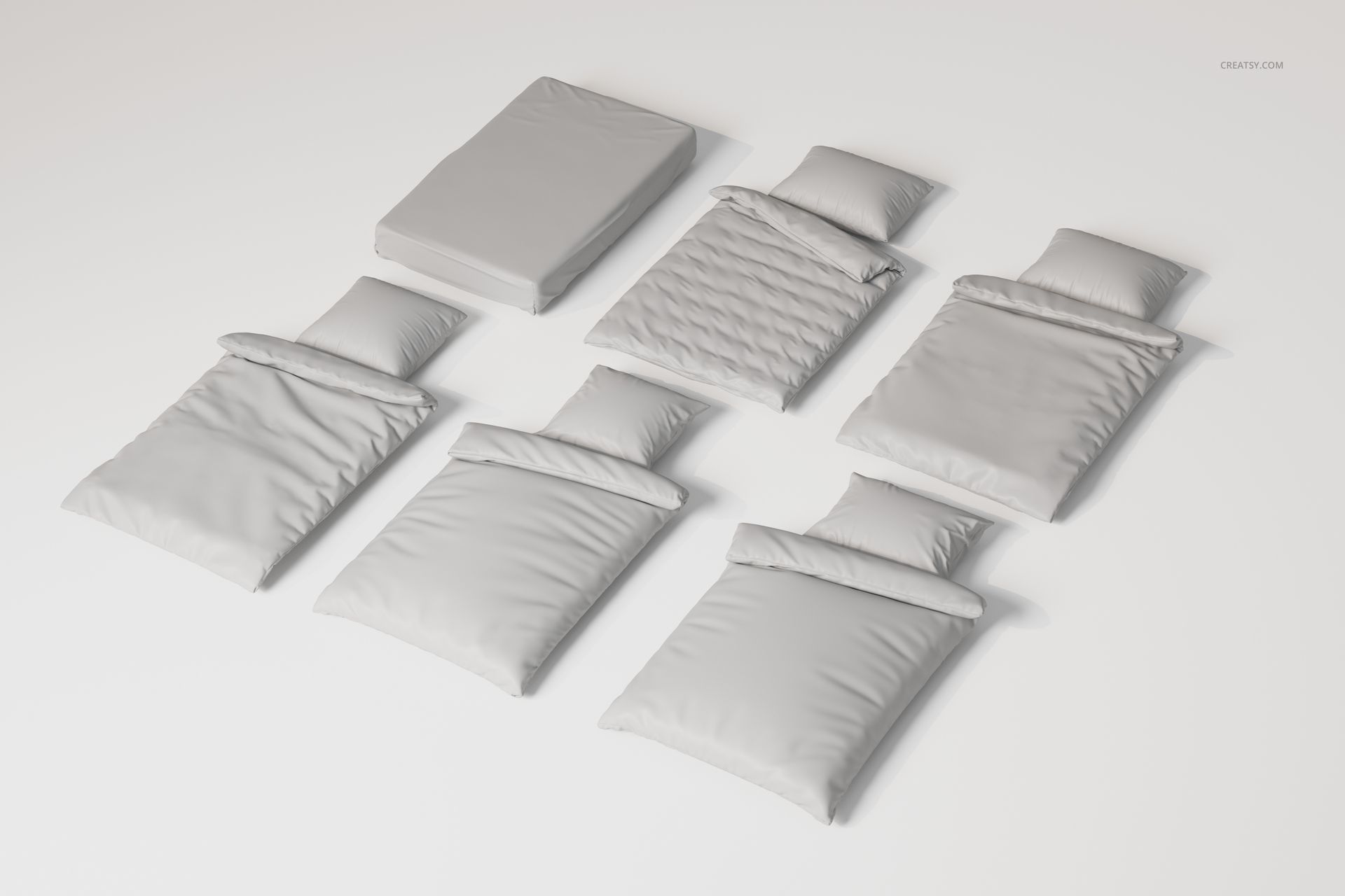Top view of six German and Austrian bedding sets in light gray, each with a pillow and duvet, arranged on a white background.