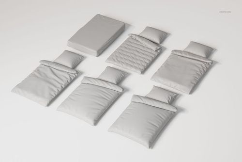 Top view of six German and Austrian bedding sets in light gray, each with a pillow and duvet, arranged on a white background.