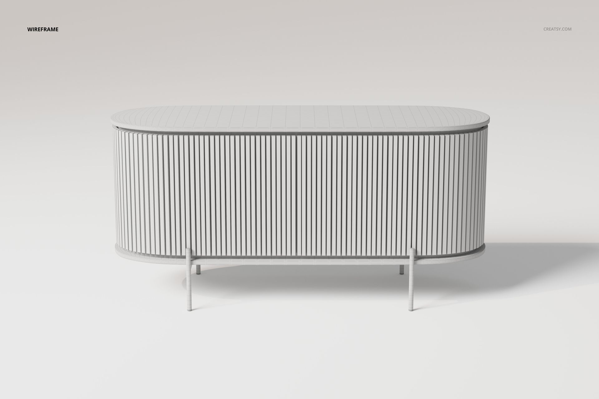 Front view of a Scandinavian-style console cabinet 3D model with vertical slatted detailing and rounded edges.