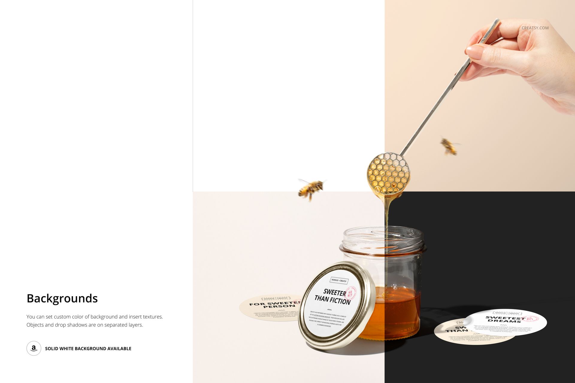 Honey jar with a circular sticker mockup, honey dipper dripping honey, and bees on a split white and beige surface.