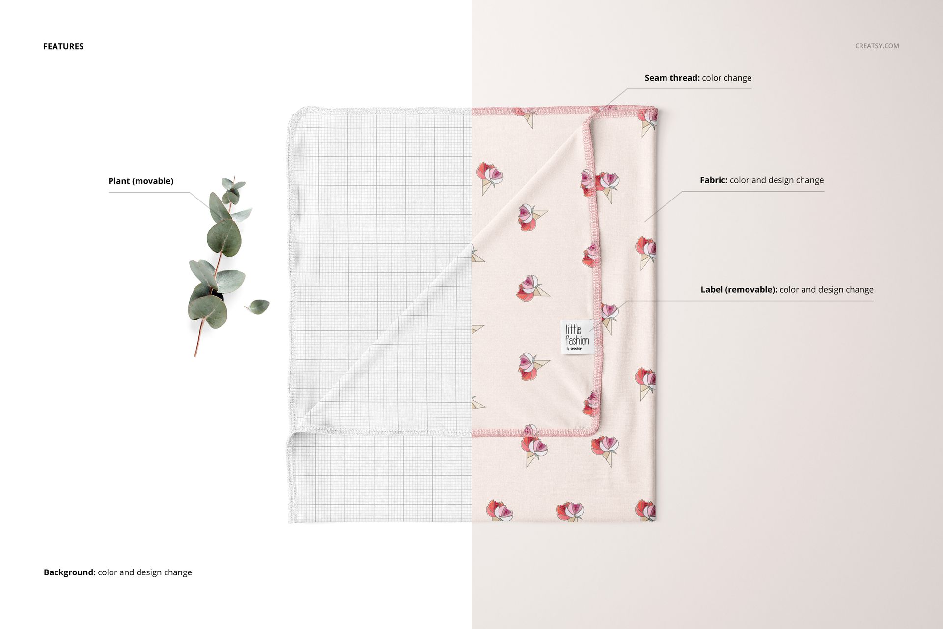 Swaddle blanket mockup set displayed in a top view, featuring a floral pattern and grid design with a plant prop.
