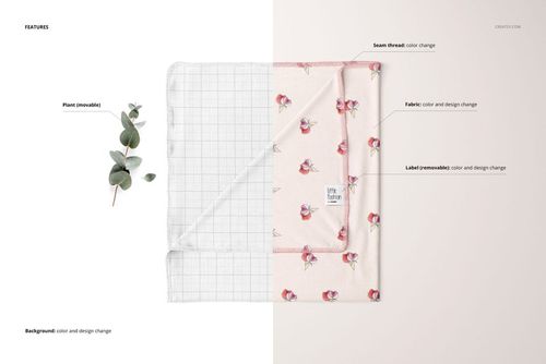 Swaddle blanket mockup set displayed in a top view, featuring a floral pattern and grid design with a plant prop.