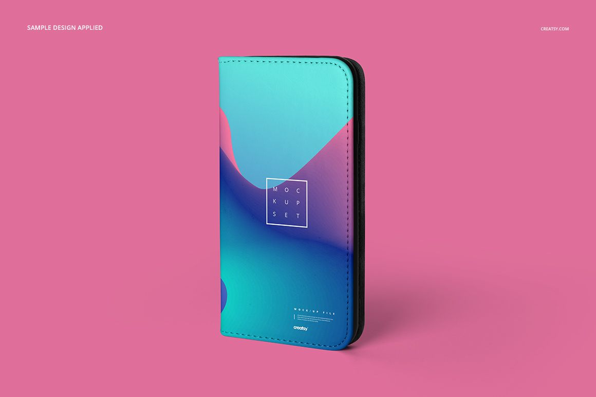 Foldable iPhone 8 case mockup displayed upright on a solid pink background, featuring a blue and purple abstract design.