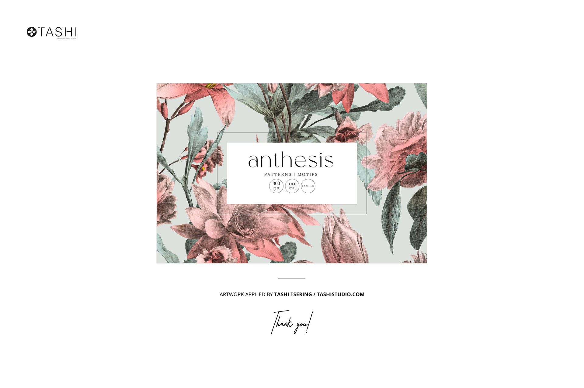 Floral patterned placemat and plates mockup displayed from a top view, featuring pink and green botanical designs.