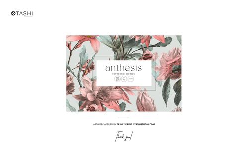 Floral patterned placemat and plates mockup displayed from a top view, featuring pink and green botanical designs.