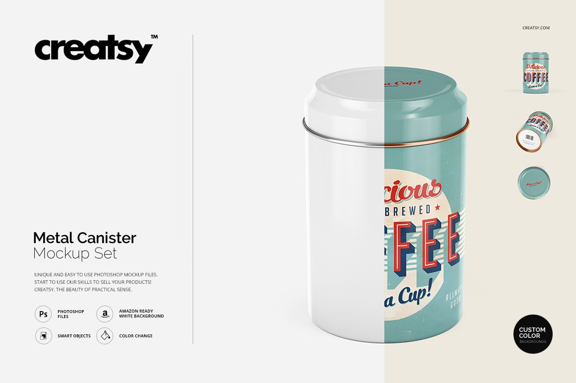 Front view of a metal canister with a light blue lid and vintage coffee design, shown in a PSD mockup scene.