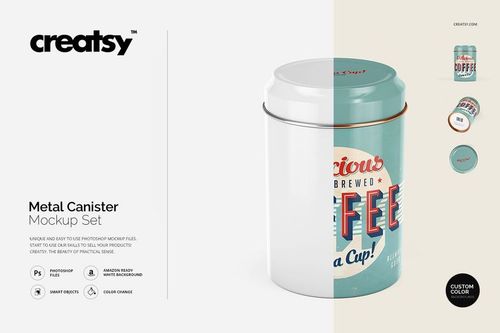 Front view of a metal canister with a light blue lid and vintage coffee design, shown in a PSD mockup scene.