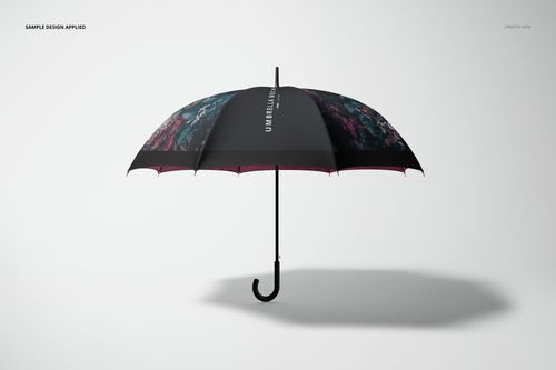 Open umbrella mockup with a black canopy featuring abstract colorful patterns, shown in a side view on a plain background.