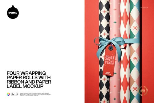 PSD mockup showing four festive wrapping paper rolls, ribbon, and label arranged vertically on a red surface.