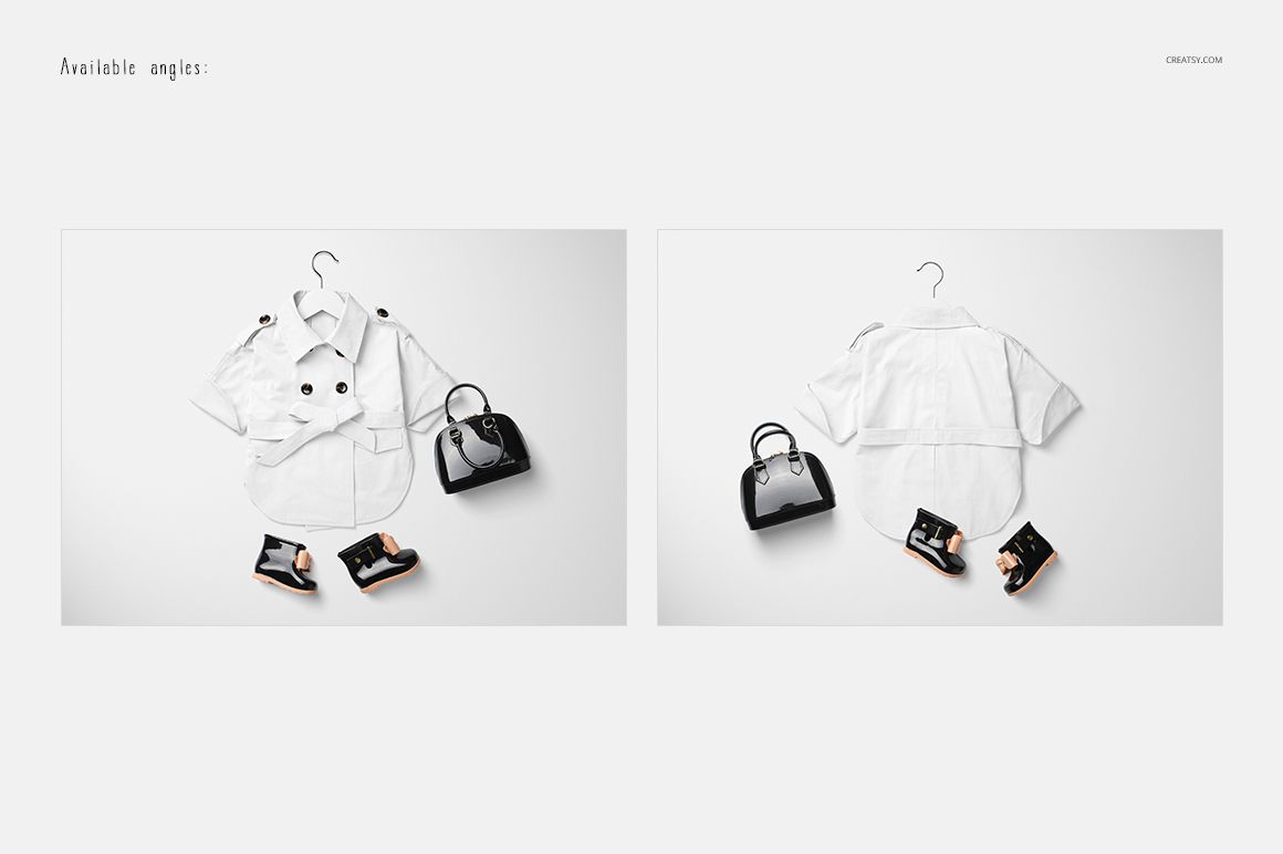 Baby coat mockup set featuring a white short-sleeve coat, black shoes, and handbag on a flat white background.
