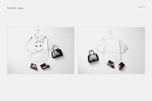Baby coat mockup set featuring a white short-sleeve coat, black shoes, and handbag on a flat white background.