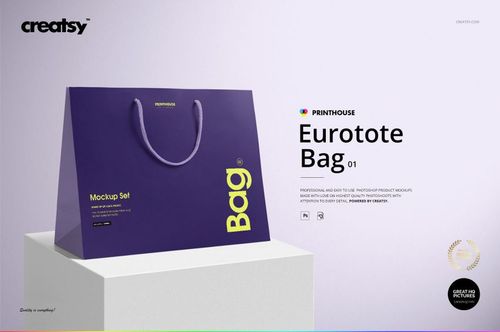 Eurotote bag mockup in deep purple with matching handles, yellow accents, and minimalistic background setting.
