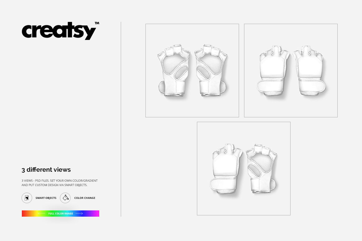 Three white MMA gloves displayed in separate boxes on a light background, shown from various angles in a mockup set.