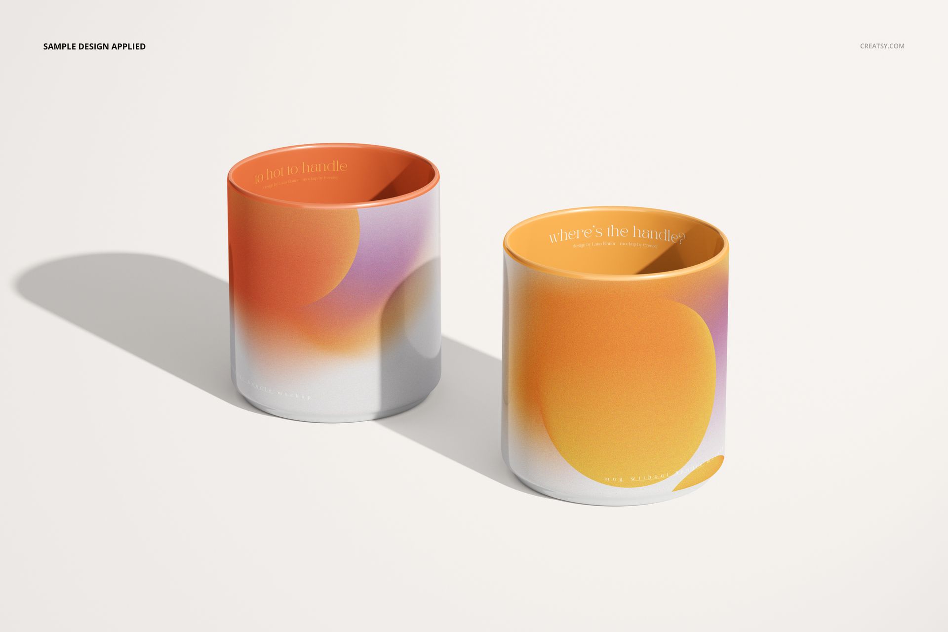PSD mockup showing two modern mugs without handles, each with a smooth gradient pattern in orange and yellow tones.