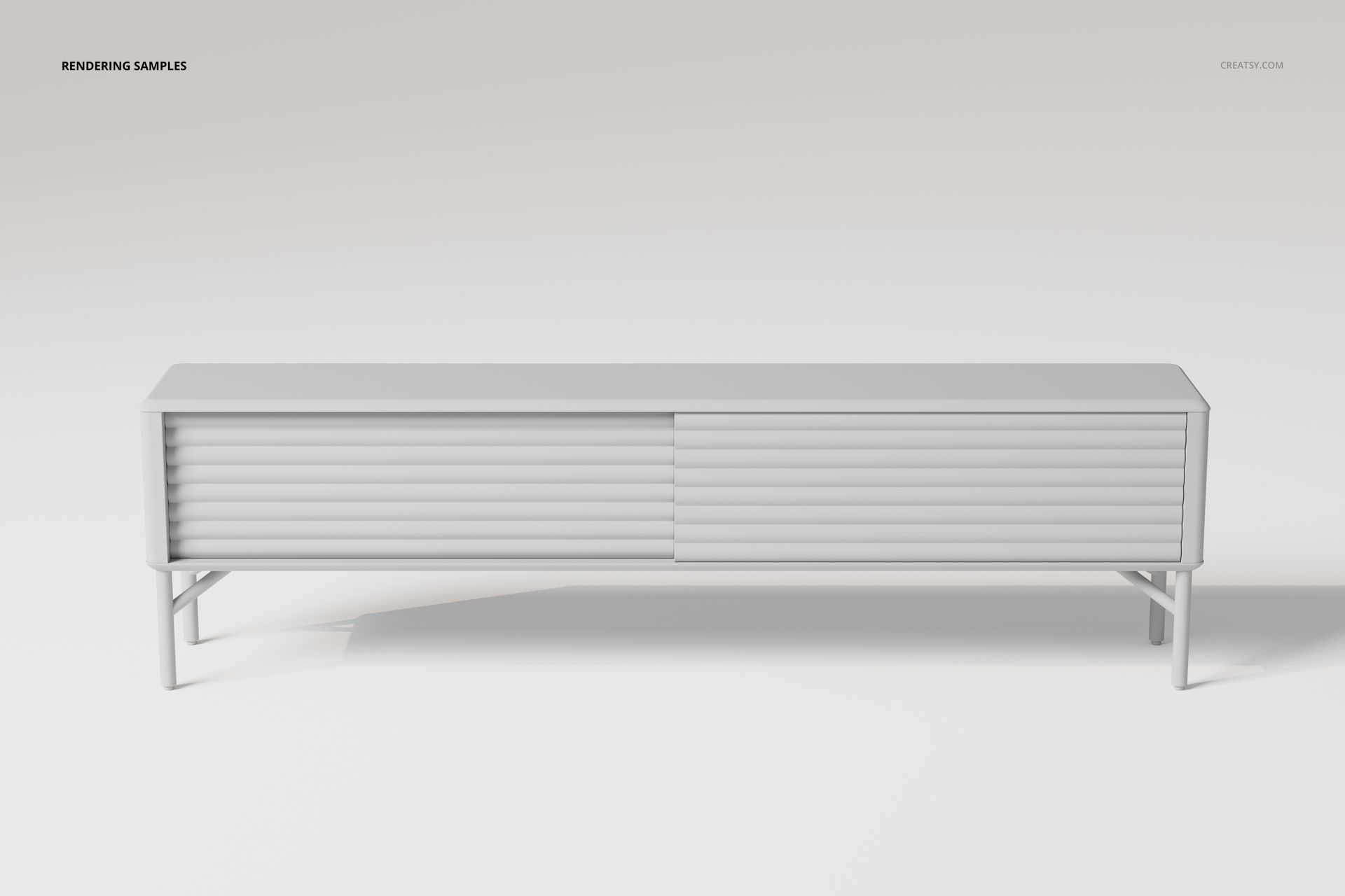 Scandinavian style sideboard in light gray color, featuring horizontal slatted doors, front view on a plain background.