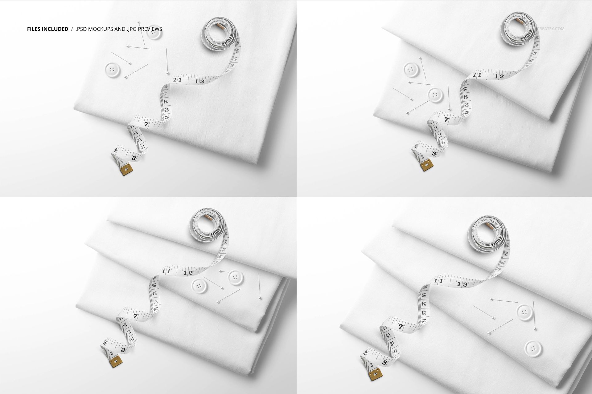 Flat lay of folded textile mockup set featuring white fabric, measuring tape, and sewing props on a plain background.