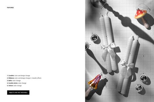 PSD mockup featuring a set of long candles with ribbon accents, accompanied by colorful Christmas-themed props.