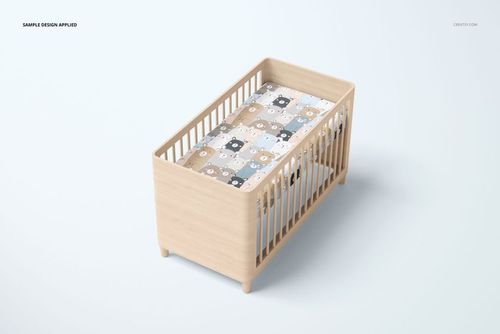 Wooden crib mockup with a patterned crib sheet showing cartoon bears in beige, brown, and gray tones on a white surface.