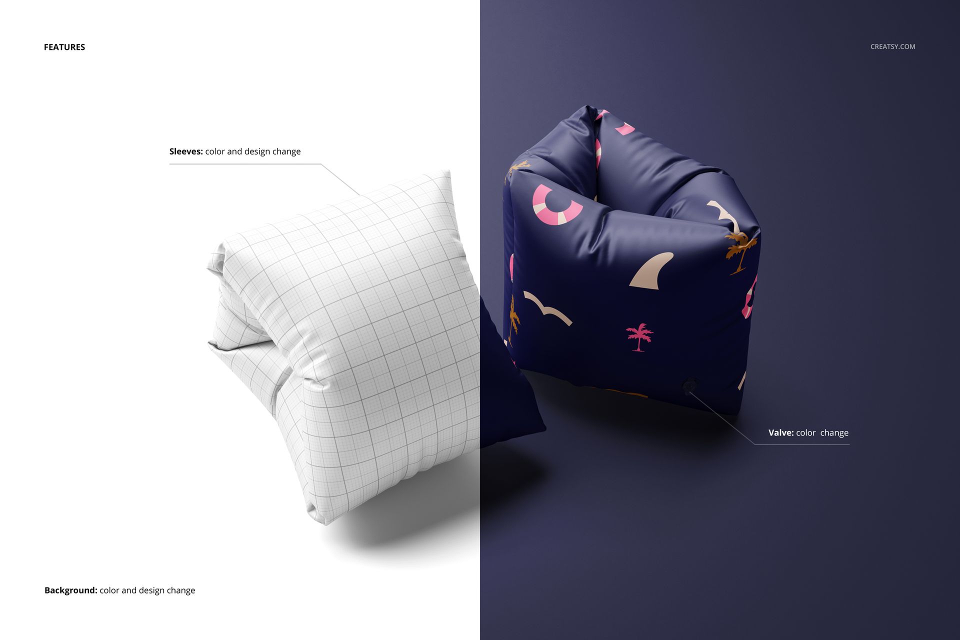 Inflatable swimming sleeves mockup set showing a white sleeve with grid lines and a navy sleeve with colorful shapes.