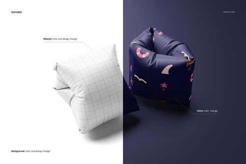 Inflatable swimming sleeves mockup set showing a white sleeve with grid lines and a navy sleeve with colorful shapes.